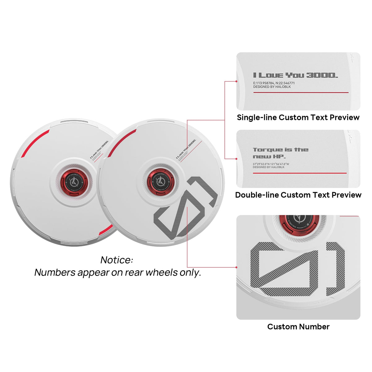 HALODISC 2 Custom Numbers - White | Set of 4 Wheel Covers for Tesla